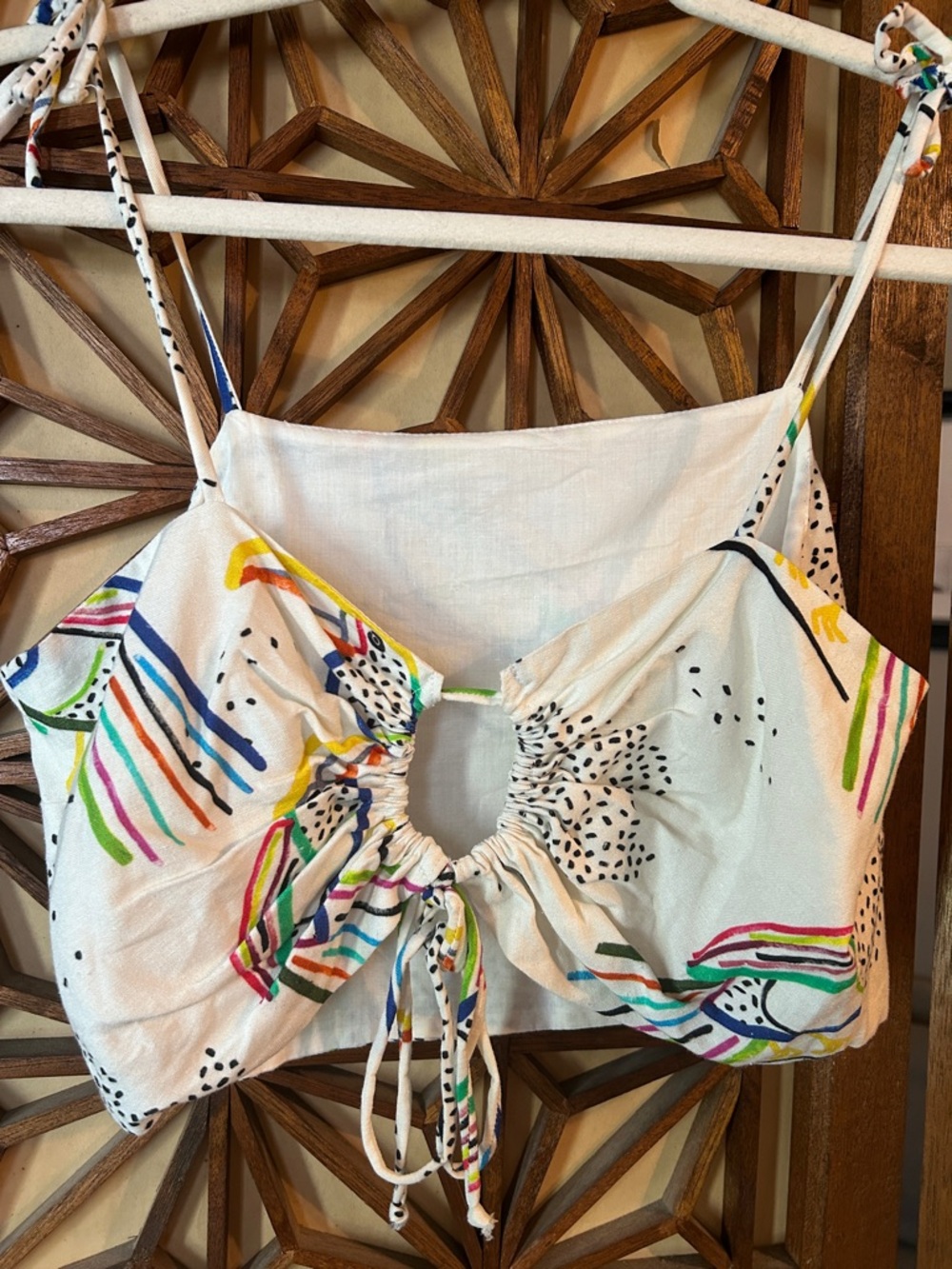 Corey Lynn Calter Anthropologie White Tropical Bird Drawstring Crop Top S